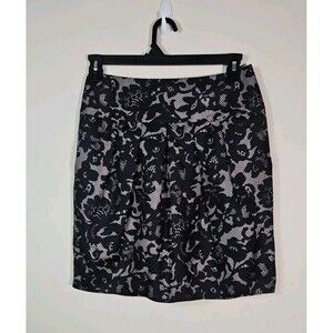 Banana Republic Black 100% Silk Pleated Office Skirt Size 8 Tan Lace Print